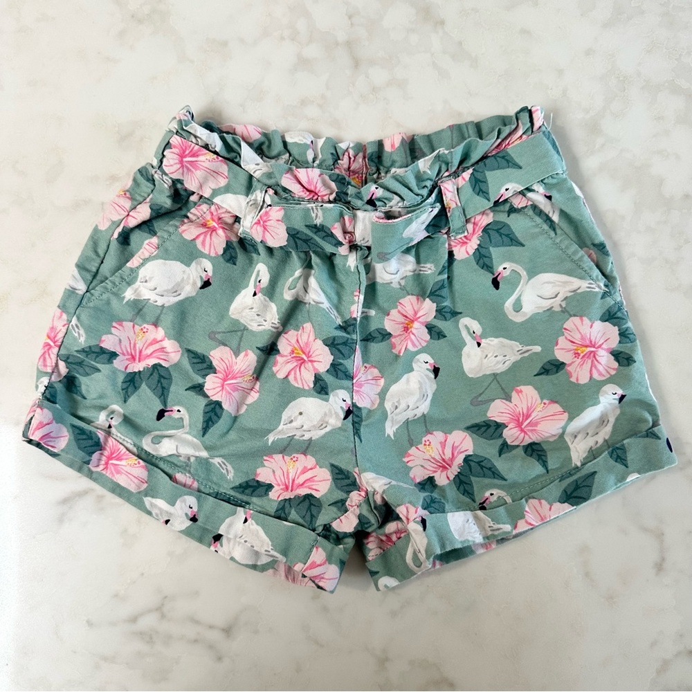 Janie and Jack Girl’s Green Flamingo/Tropical Print Shorts. Size 18-24 months
